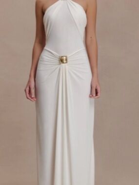 Meshki Ivory Halter Maxi Dress with Gold Buckle